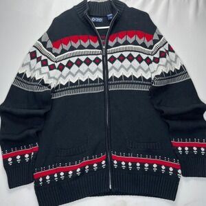 Chaps Sweater Full Zip Mens L Black Red Fair Isle Cotton Knit Mock Neck‎ Cardy